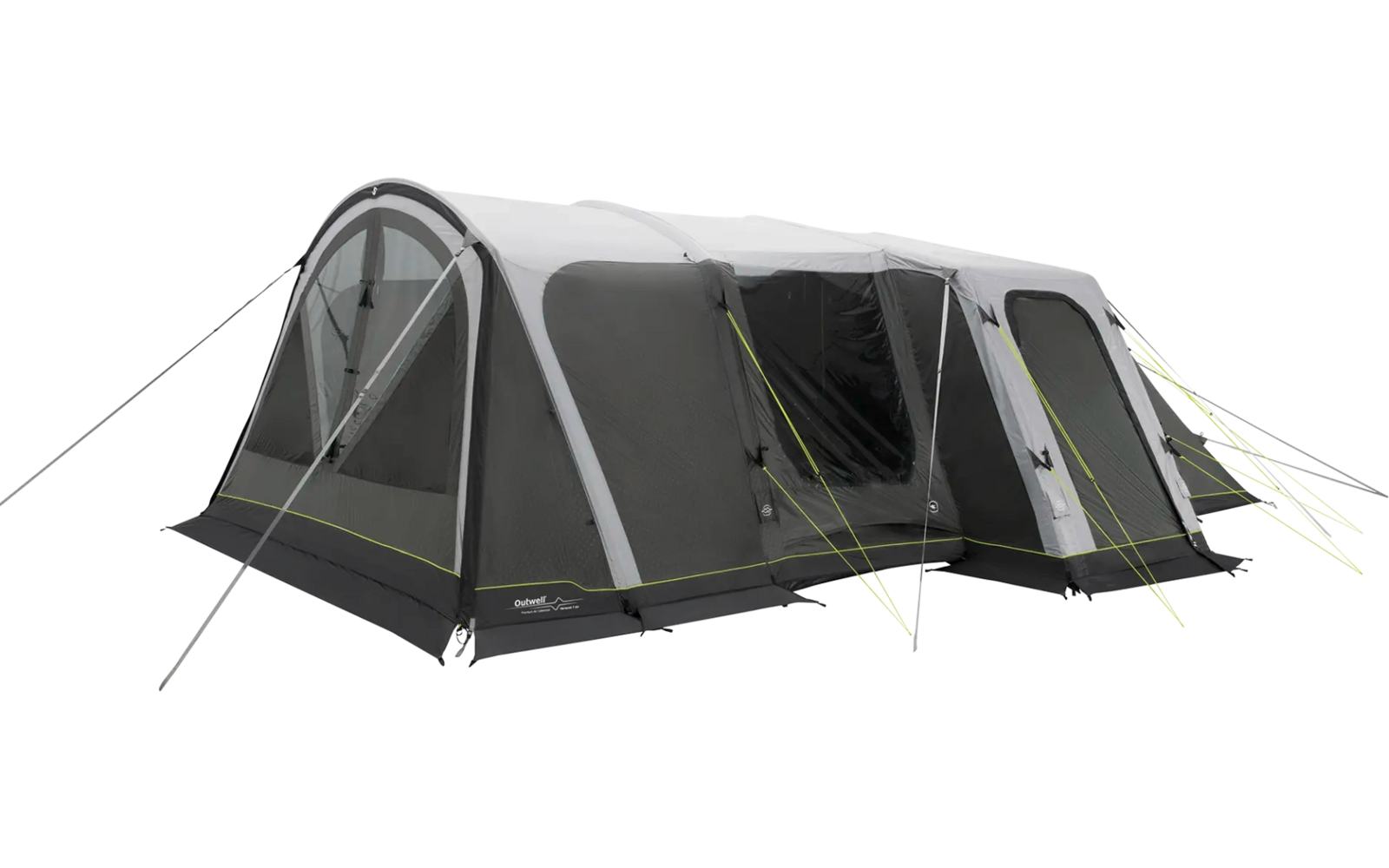 Großes graues Zelt mit mehreren Abteilen und grünen Zeltleinen auf weißem Hintergrund