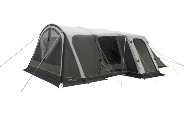 Großes graues Zelt mit mehreren Abteilen und grünen Zeltleinen auf weißem Hintergrund