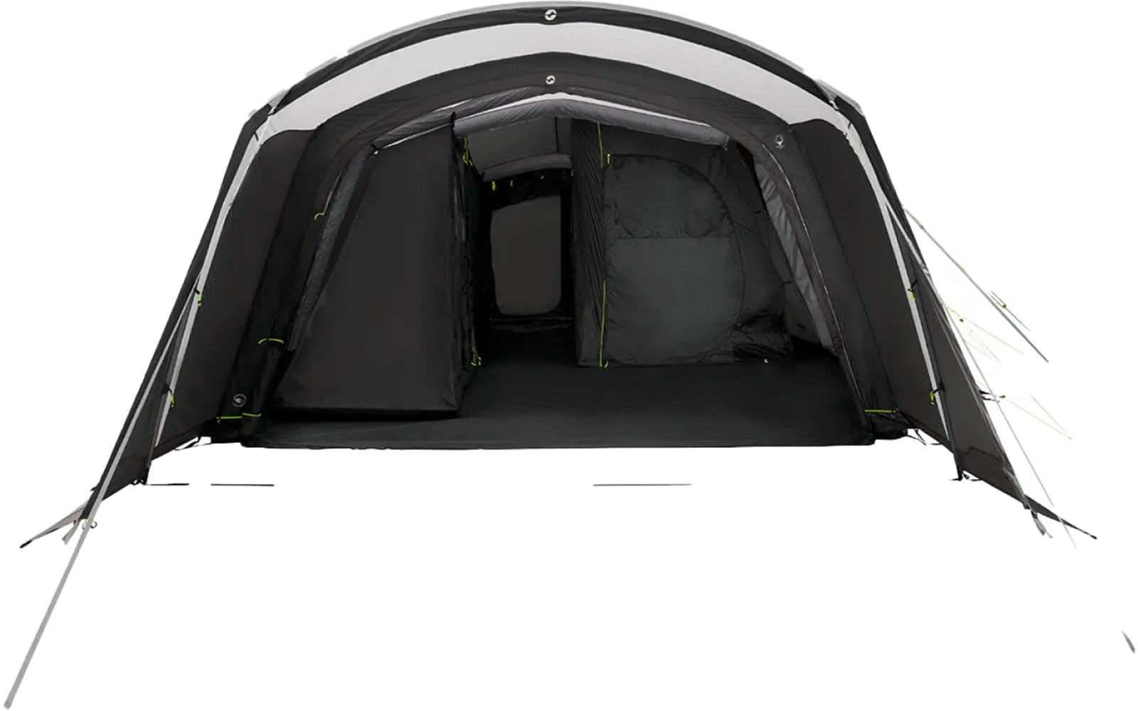 Offenes schwarzes Zelt von vorne mit sichtbarem Eingang und Gestänge