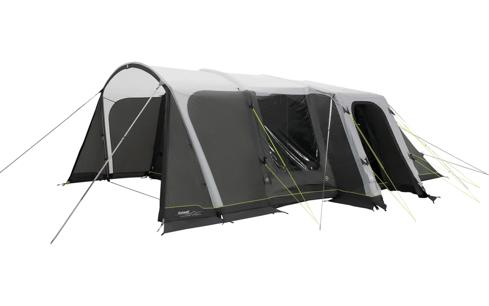 Großes graues und grünes Campingzelt mit mehreren Eingängen auf Wiese