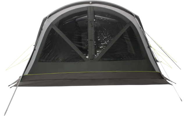 Vorderansicht eines aufgestellten Zelts mit geöffnetem Eingang und Moskitonetz