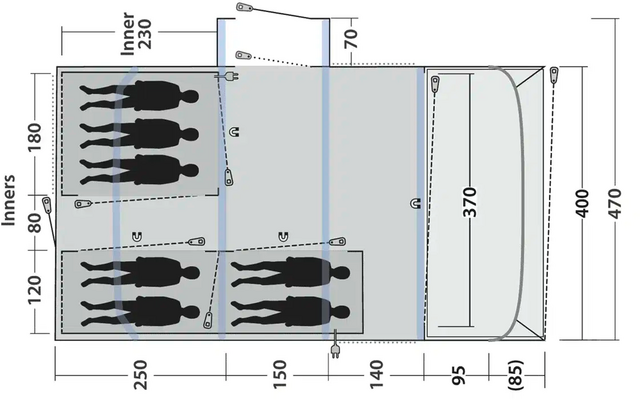 Technische Zeichnung eines Fahrzeugs mit mehreren Figuren und Abmessungen in Metern