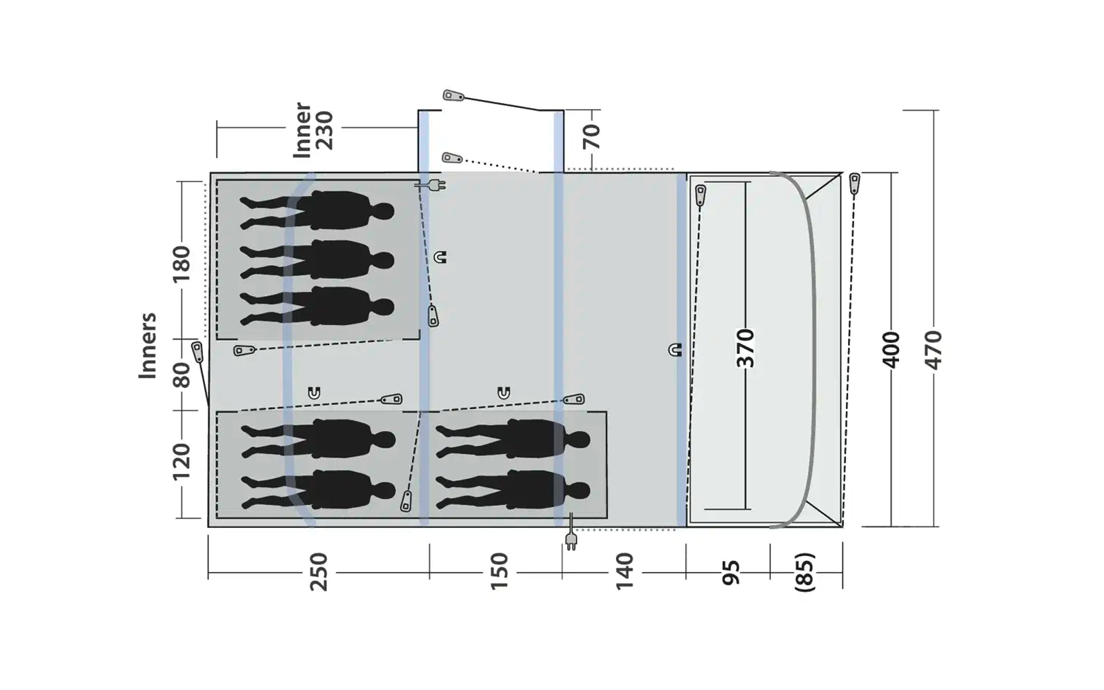 Technische Zeichnung eines Fahrzeugs mit mehreren Figuren und Abmessungen in Metern