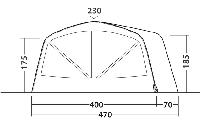 Skizze mit Maßen eines Daches mit einer halbkreisförmigen Fensteröffnung in der Mitte