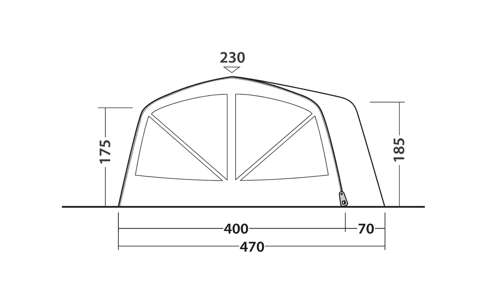Skizze mit Maßen eines Daches mit einer halbkreisförmigen Fensteröffnung in der Mitte