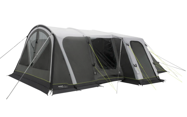 Grande tenda grigia con più compartimenti e tiranti verdi su sfondo bianco