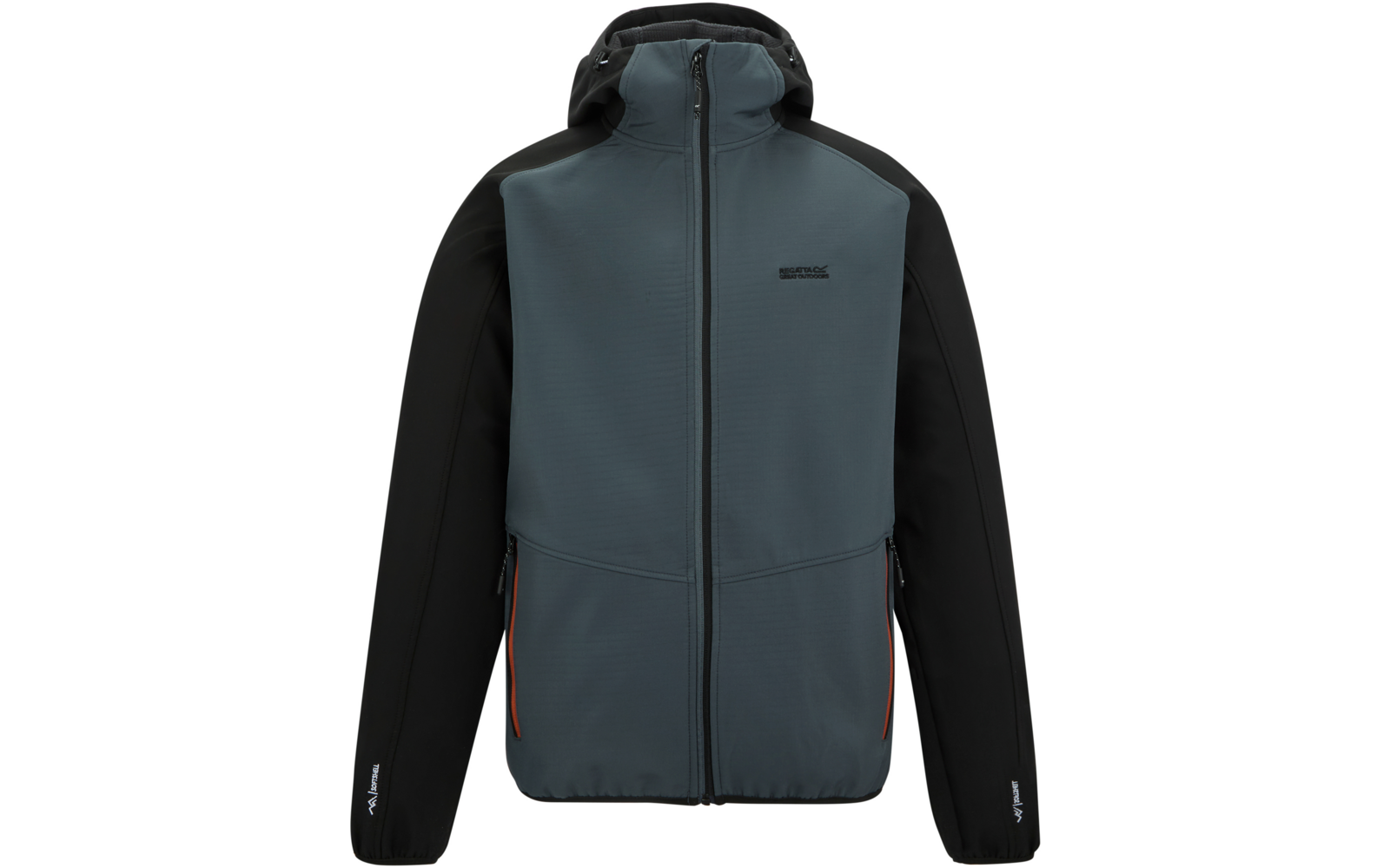 Kapuzenjacke mit durchgehendem Reißverschluss, graublauem Vorderteil, schwarzen Ärmeln, zwei seitlichen Reißverschlusstaschen mit orangenen Zippern und kleinem Logo auf der Brust