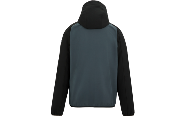 Rückansicht einer Kapuzenjacke mit dunklem, bläulich-grauem Rücken und schwarzen Ärmeln sowie Kapuze