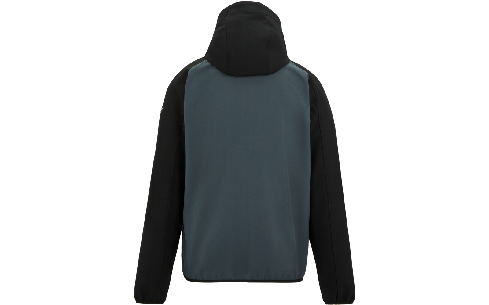 Rückansicht einer Kapuzenjacke mit dunklem, bläulich-grauem Rücken und schwarzen Ärmeln sowie Kapuze