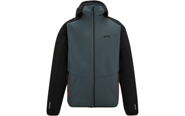 Kapuzenjacke mit durchgehendem Reißverschluss, graublauem Vorderteil, schwarzen Ärmeln, zwei seitlichen Reißverschlusstaschen mit orangenen Zippern und kleinem Logo auf der Brust