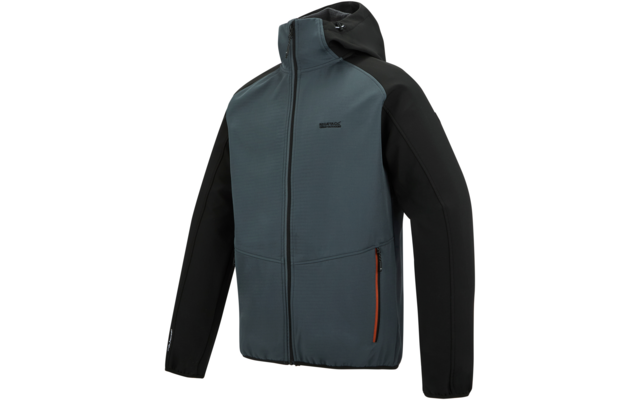 Blaugrüne Softshell-Jacke mit Kapuze, schwarzen Ärmeln, durchgehendem Reißverschluss, kleinem Brustlogo und seitlicher orangefarbener Reißverschlusstasche, auf weißem Hintergrund