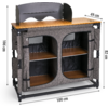 Armoire de camping pliable avec deux compartiments et plateau en bois, dimensions indiquées
