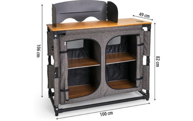 Armoire de camping pliable avec deux compartiments et plateau en bois, dimensions indiquées