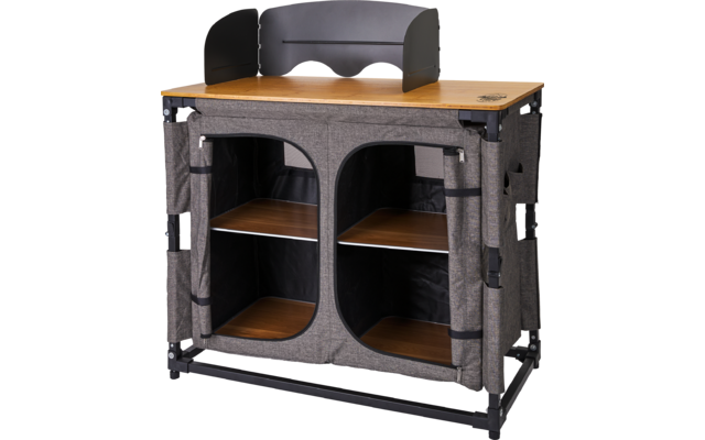 Armoire de camping pliable avec dessus en bois et panneaux latéraux noirs