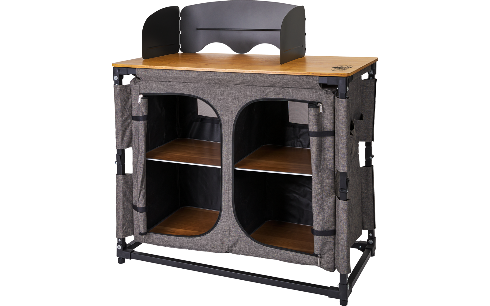Armoire de camping pliable avec dessus en bois et panneaux latéraux noirs