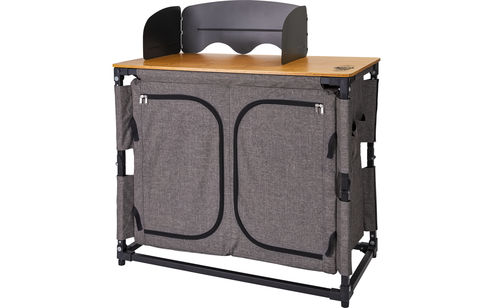 Table pliante portable avec façade en tissu gris et chaise noire en arrière-plan