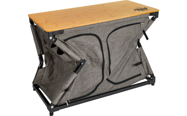 Table pliante portable grise et noire avec plateau en bois sur fond blanc