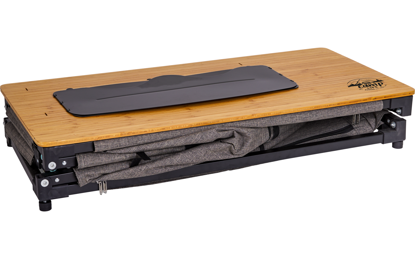 Bureau réglable en hauteur plié avec plateau en bois et cadre noir