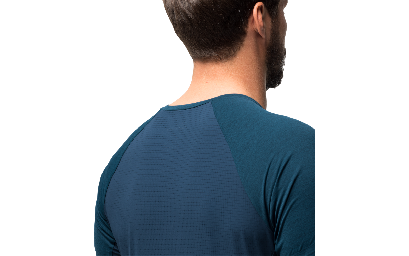 Rückansicht eines Mannes mit dunkelbraunen Haaren, der ein blaues T-Shirt trägt