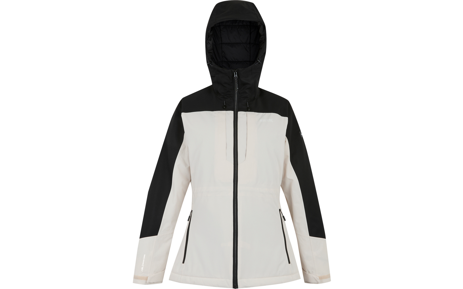 Jacke mit Kapuze in Schwarz und Weiß, Frontansicht, mit Reißverschlusstaschen
