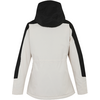 Witte parka met capuchon en zwarte mouwen, achterkant