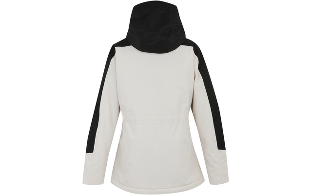 Weißer Parka mit Kapuze und schwarzen Ärmeln, Rückansicht