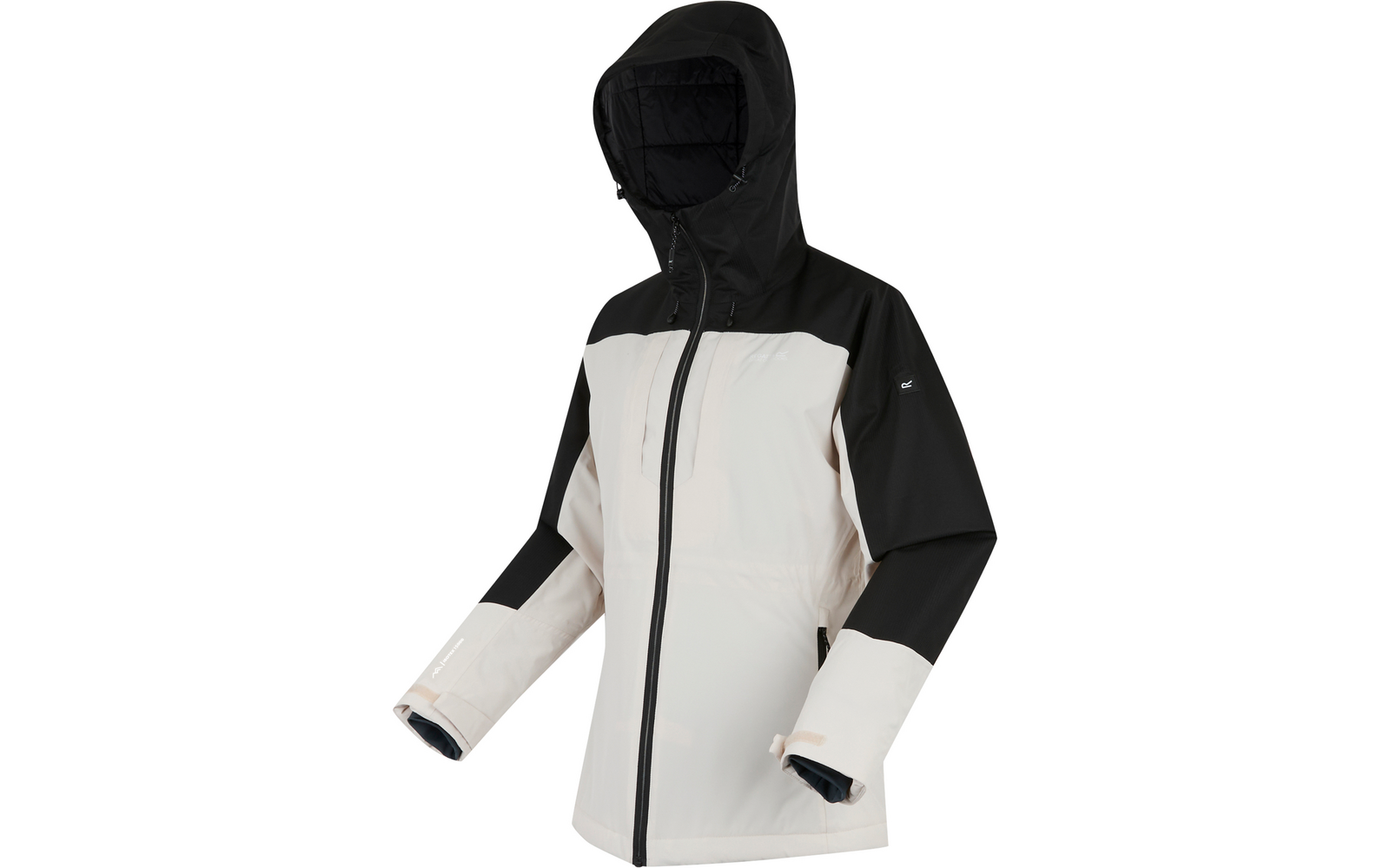 weiße und schwarze Jacke mit Kapuze