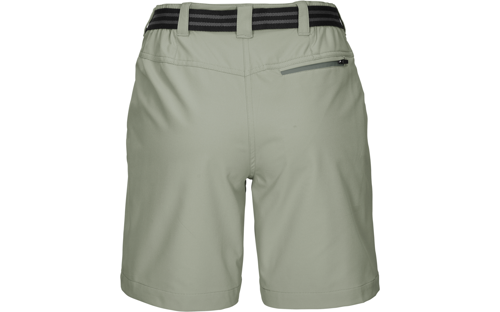 Rückenansicht einer hellgrünen Shorts mit elastischem Bund mit schwarzen Streifen, Gürtelschlaufen und rechter Reißverschlusstasche