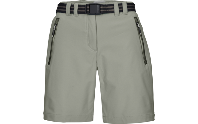 Pantalones cortos verde grisáceo claro, vista frontal, con cinturón negro a rayas y dos bolsillos frontales con cremallera