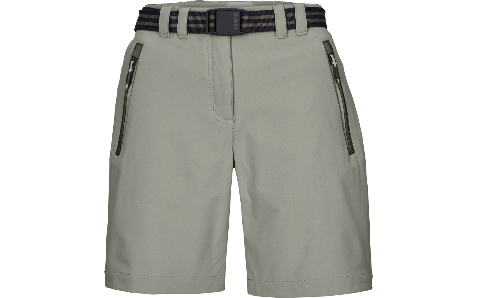 Pantalones cortos verde grisáceo claro, vista frontal, con cinturón negro a rayas y dos bolsillos frontales con cremallera