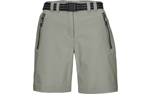 Hellgraugrüne Shorts, Frontalansicht, mit schwarzem Streifengürtel und zwei vorderen Reißverschlusstaschen
