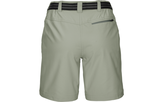 Rückenansicht einer hellgrünen Shorts mit elastischem Bund mit schwarzen Streifen, Gürtelschlaufen und rechter Reißverschlusstasche