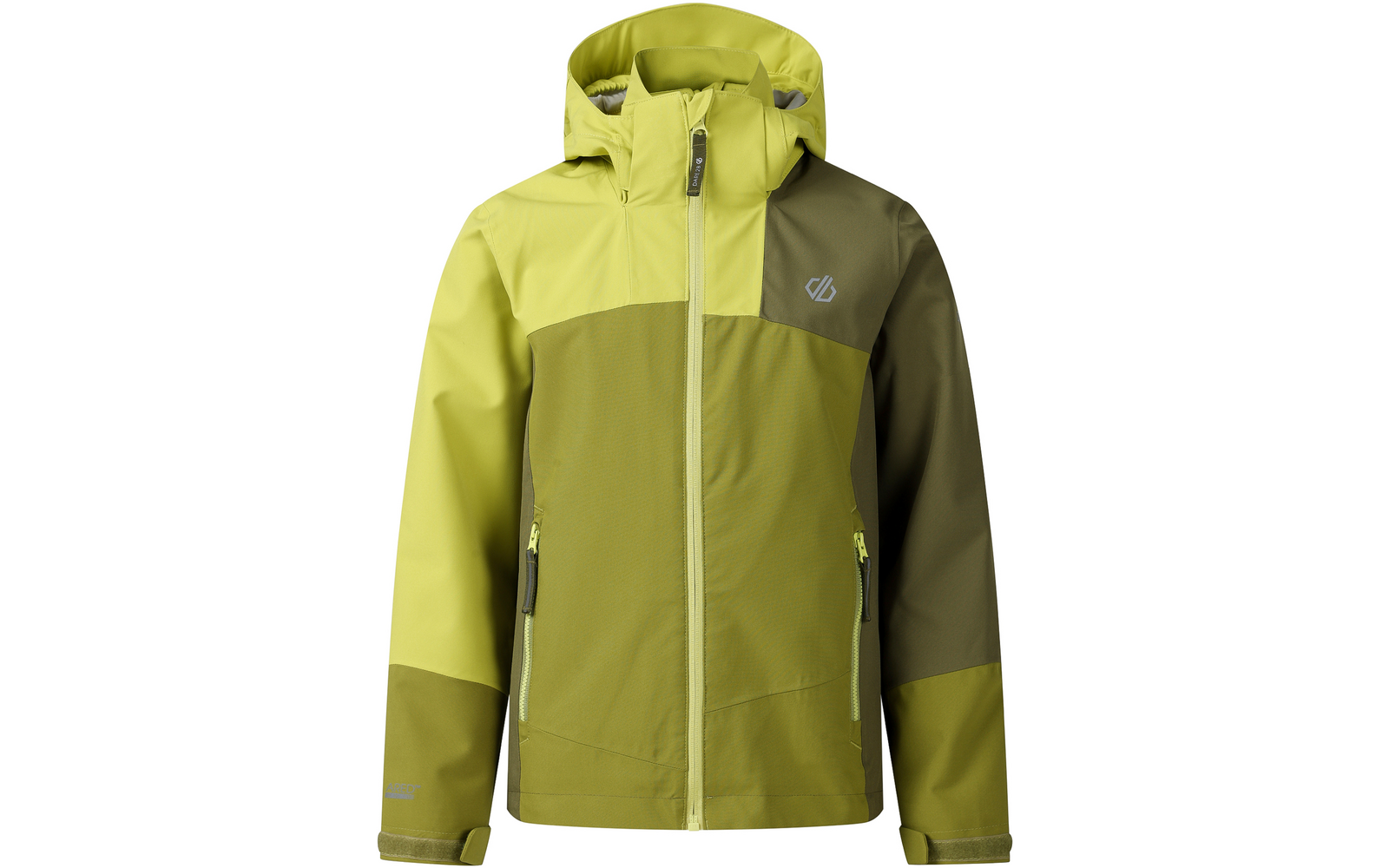 Zweifarbige grüne Kapuzenjacke mit durchgehendem Frontreißverschluss, zwei seitlichen Reißverschlusstaschen, Logo auf linker Brust und verstellbaren Klettbündchen