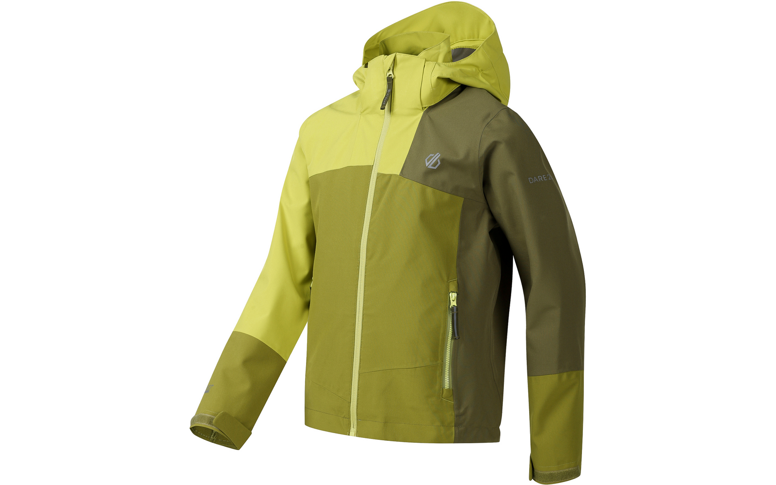 Zweifarbige grüne Kapuzenjacke mit durchgehendem Reißverschluss, seitlicher Reißverschlusstasche und Logo, freigestellt auf weißem Hintergrund