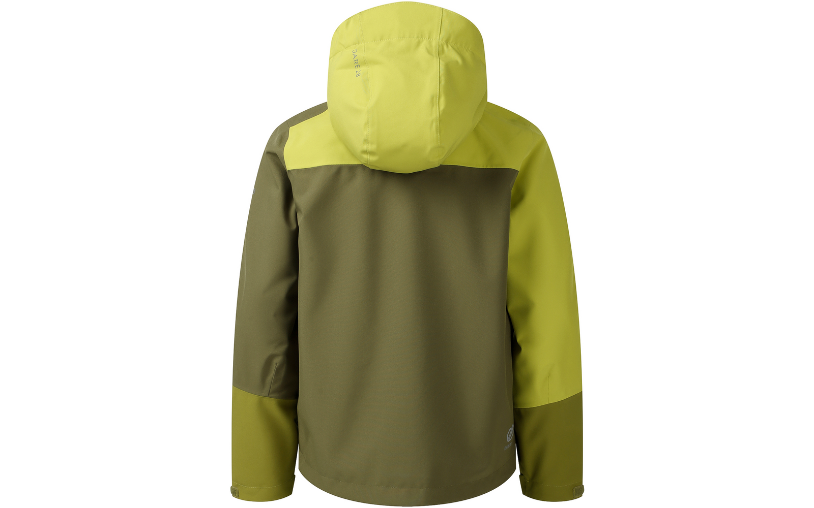 Rückansicht einer zweifarbigen grünen Jacke mit Kapuze