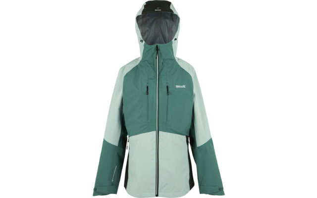 Grüne und hellgraue Jacke mit Kapuze, Reißverschlüssen und zwei Brusttaschen