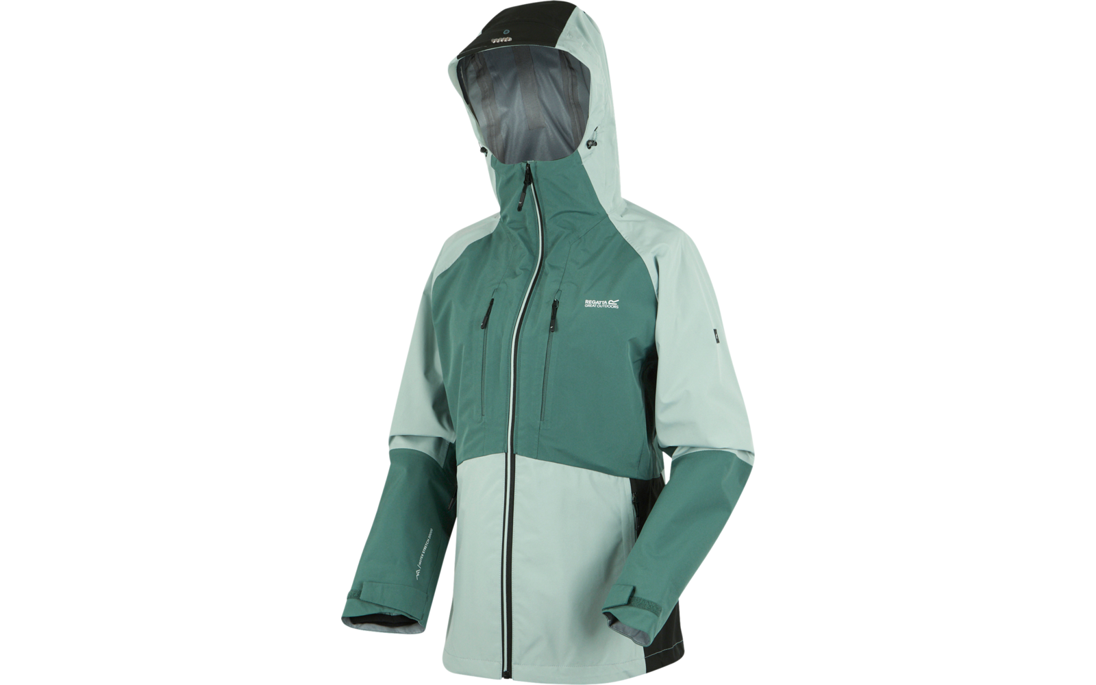 Wasserfeste grün-graue Outdoorjacke mit Kapuze auf weißem Hintergrund