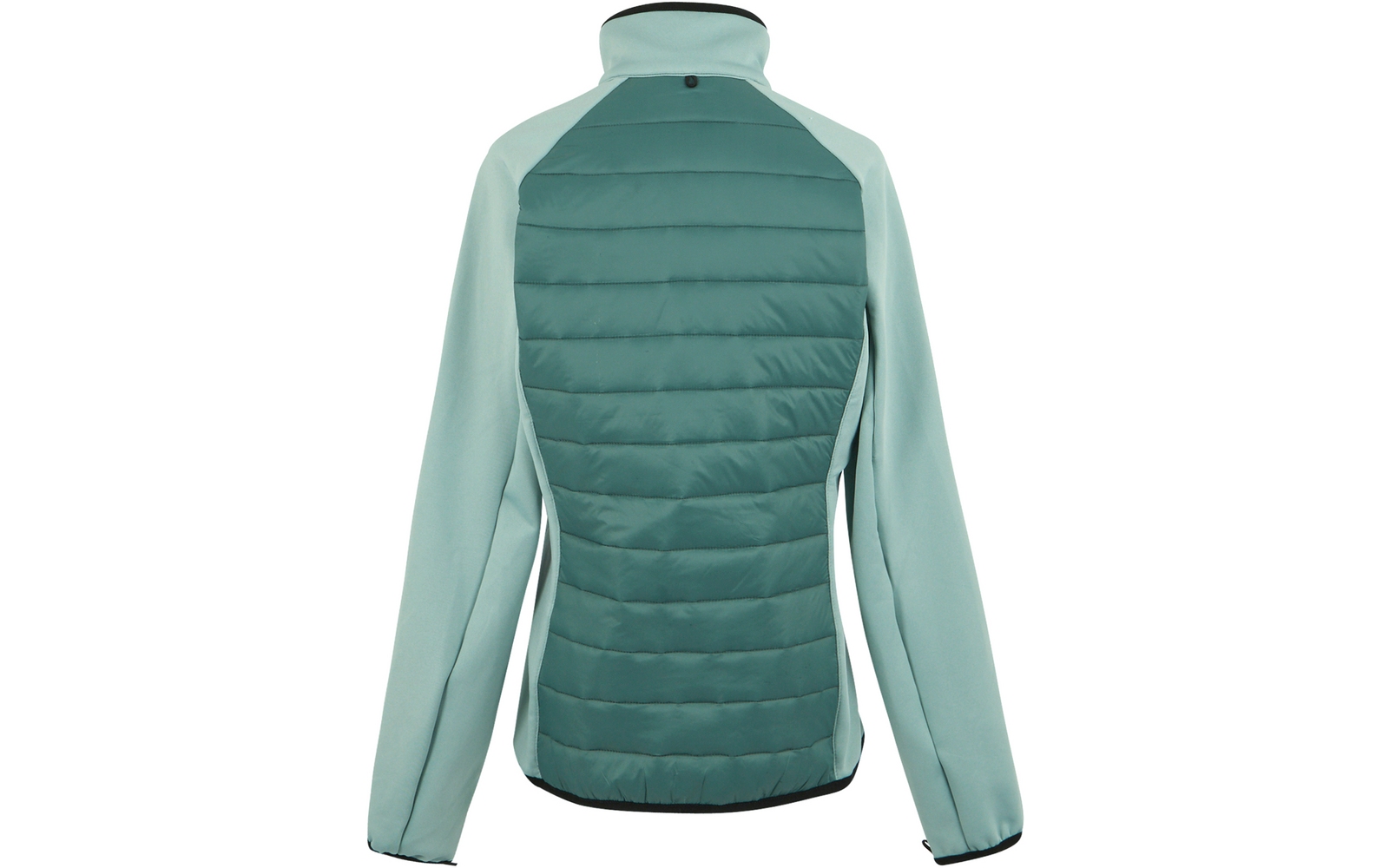 Rückansicht einer grünen Steppjacke mit helleren seitlichen Ärmeln