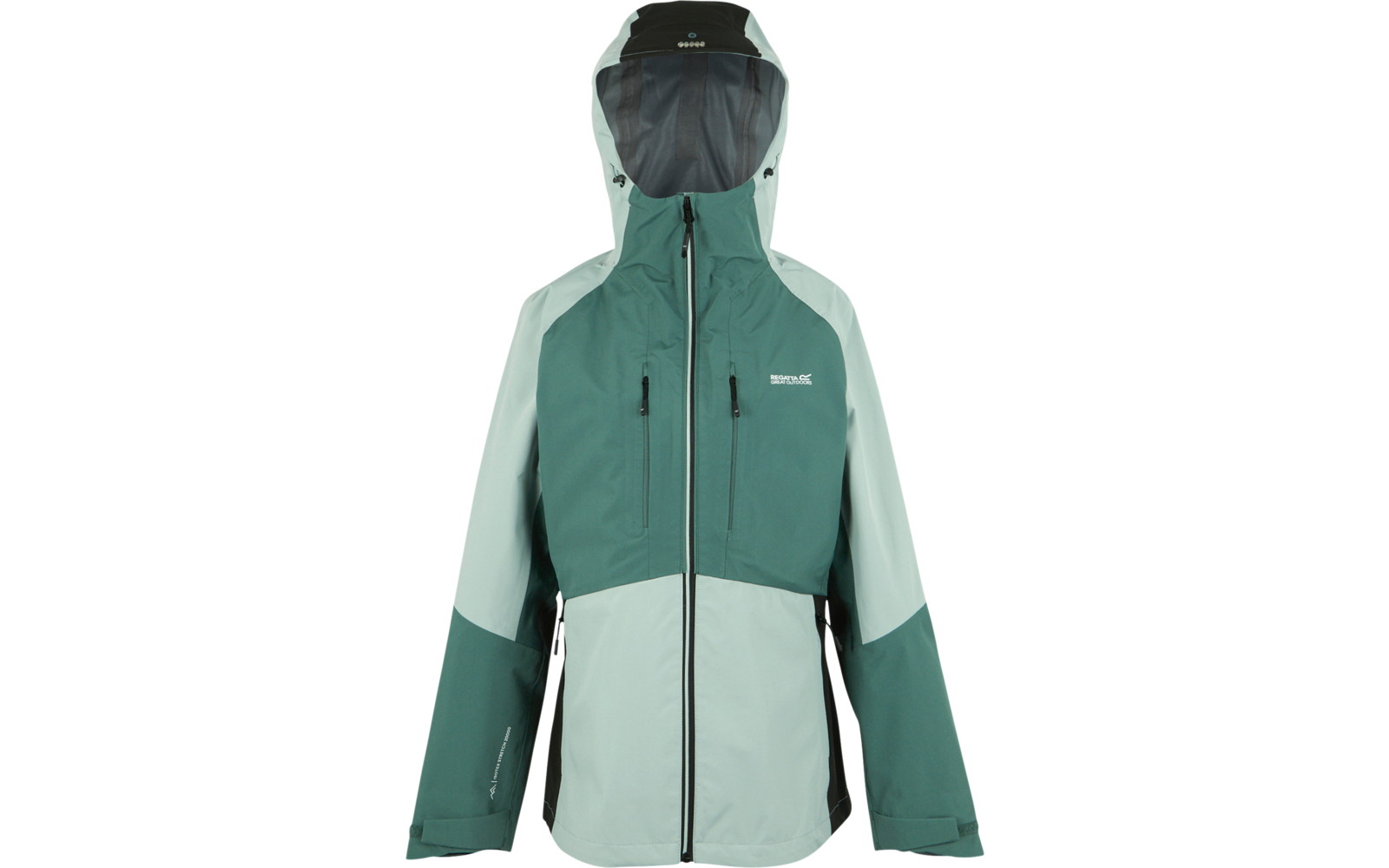 Grüne und hellgraue Jacke mit Kapuze, Reißverschlüssen und zwei Brusttaschen