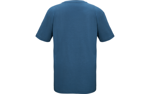 Rückansicht eines einfarbigen blauen T-Shirts mit kurzen Ärmeln auf weißem Hintergrund