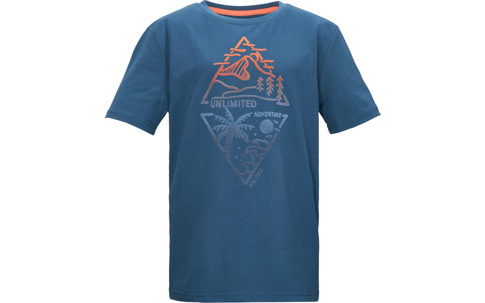 Blaues kurzärmeliges T‑Shirt mit orangefarbenem Innenkragen; Brustdruck: dreieckiges Motiv mit Bergen, Palme, Sonne, Wellen und dem Schriftzug 'UNLIMITED'