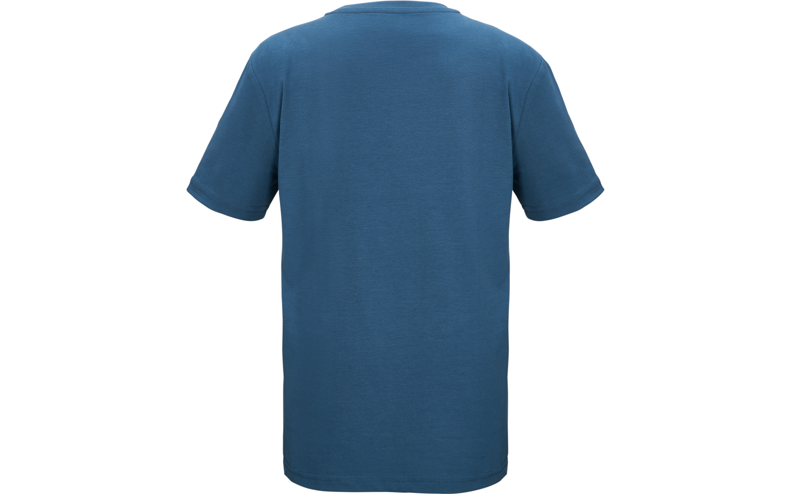 Rückansicht eines einfarbigen blauen T-Shirts mit kurzen Ärmeln auf weißem Hintergrund