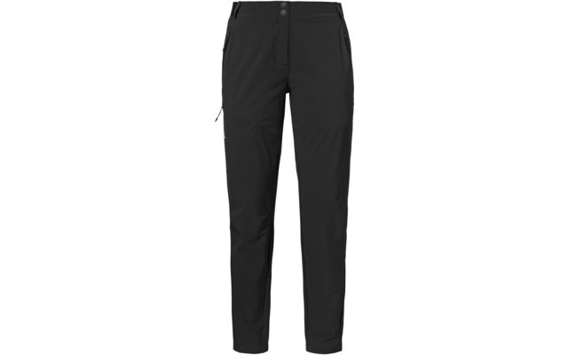 Schwarze lange Hose mit zwei sichtbaren Druckknöpfen am Bund, vorderen Reißverschlusstaschen, seitlicher Reißverschlusstasche am Oberschenkel und Nähten im Kniebereich