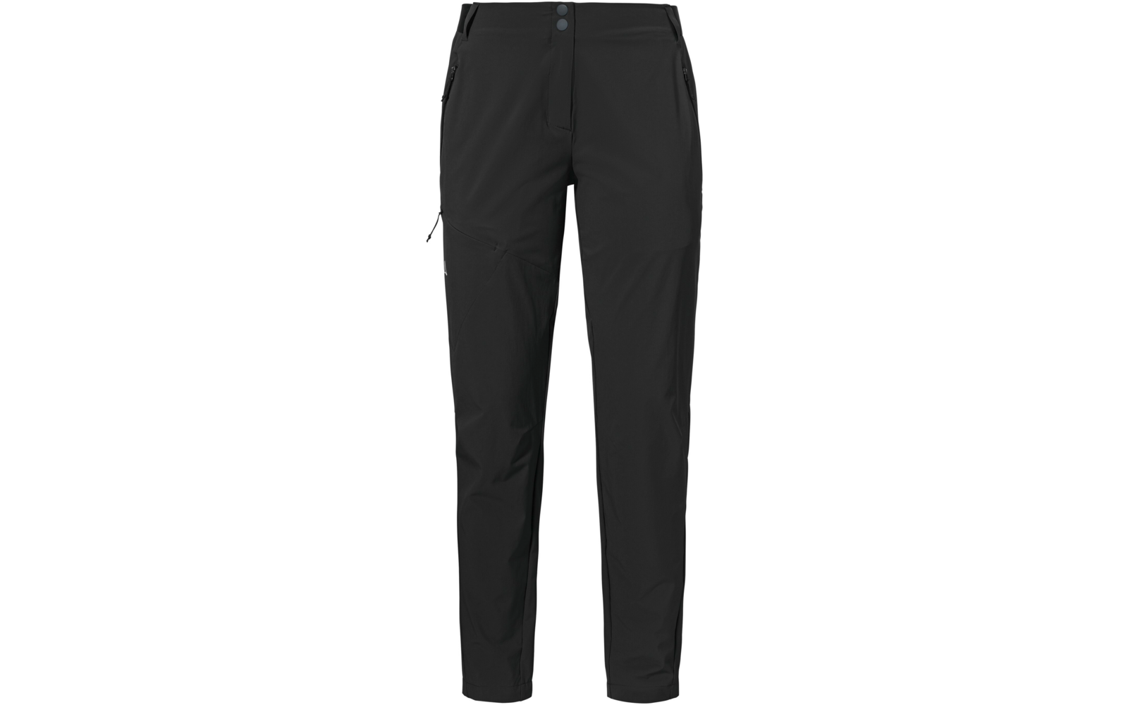 Schwarze lange Hose mit zwei sichtbaren Druckknöpfen am Bund, vorderen Reißverschlusstaschen, seitlicher Reißverschlusstasche am Oberschenkel und Nähten im Kniebereich