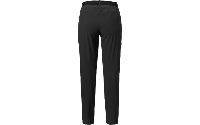 Schwarze Hose, Rückansicht, Bund, seitliche Tasche rechts am Oberschenkel, Nähte an den Knien, schmal zulaufende Beine