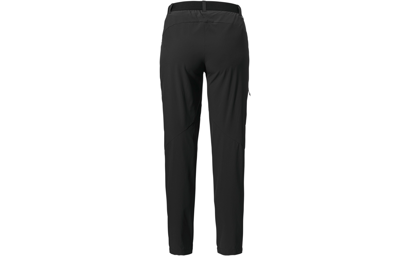 Schwarze Hose, Rückansicht, Bund, seitliche Tasche rechts am Oberschenkel, Nähte an den Knien, schmal zulaufende Beine