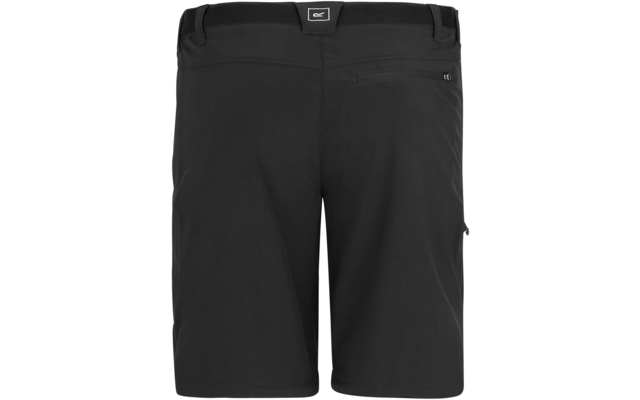 Schwarze Shorts, Rückansicht; Bund mit Gürtelschlaufen, kleines Logoetikett mittig am Bund, paspelierte Tasche rechts mit Reißverschluss, sichtbare Nähte, knielange Hosenbeine