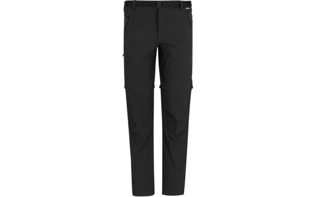 Schwarze lange Hose mit Reißverschlüssen knapp oberhalb der Knie zum Abtrennen der Hosenbeine, zwei schräge Reißverschlusstaschen vorne und elastischem Bund