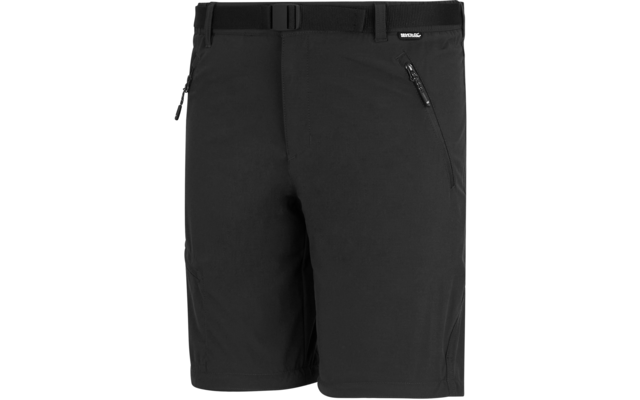 Schwarze kurze Shorts mit vorderen Reißverschlusstaschen, Gürtelschlaufen und kleinem Markenetikett am Bund