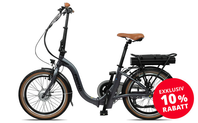 Black folding bike with brown seat and tires, battery on the rear rack